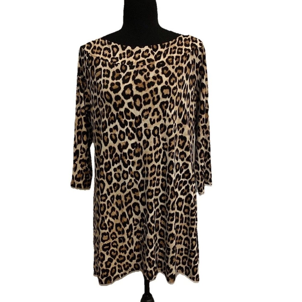 Chicos Size 1 Womens Medium Tunic Top Brown Cheetah Print Flowy 3/4 Sleeves